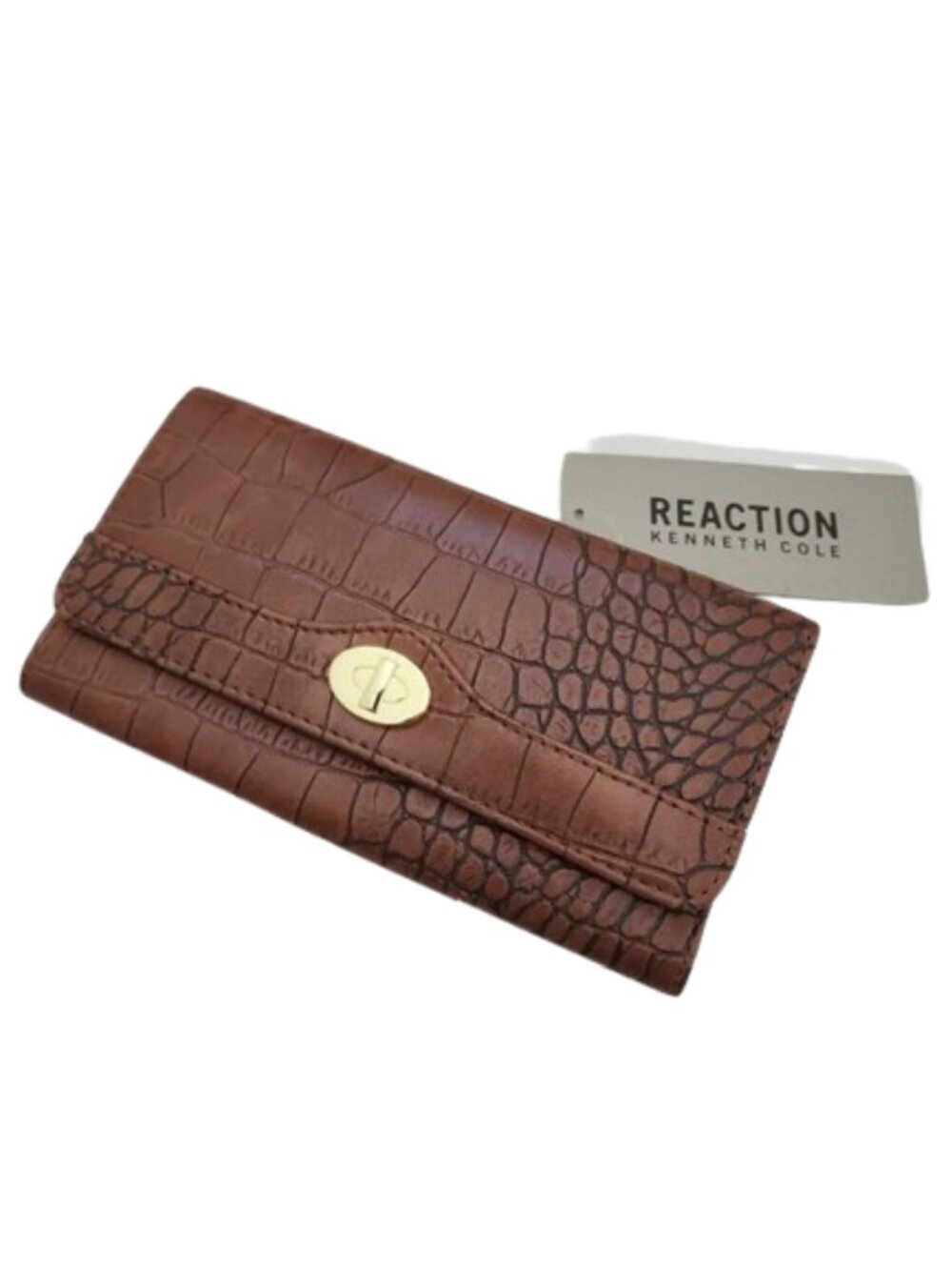 NWT Kenneth Cole REACTION Brown Croc Embossed Continental Wallet